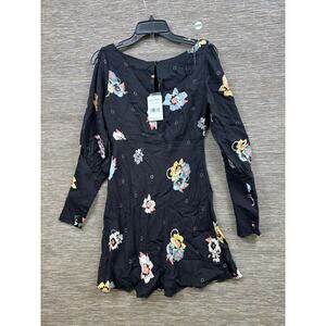 Free People Dress Womens 4 Black Floral Boat Neck Long Sleeve Mini Lined Party